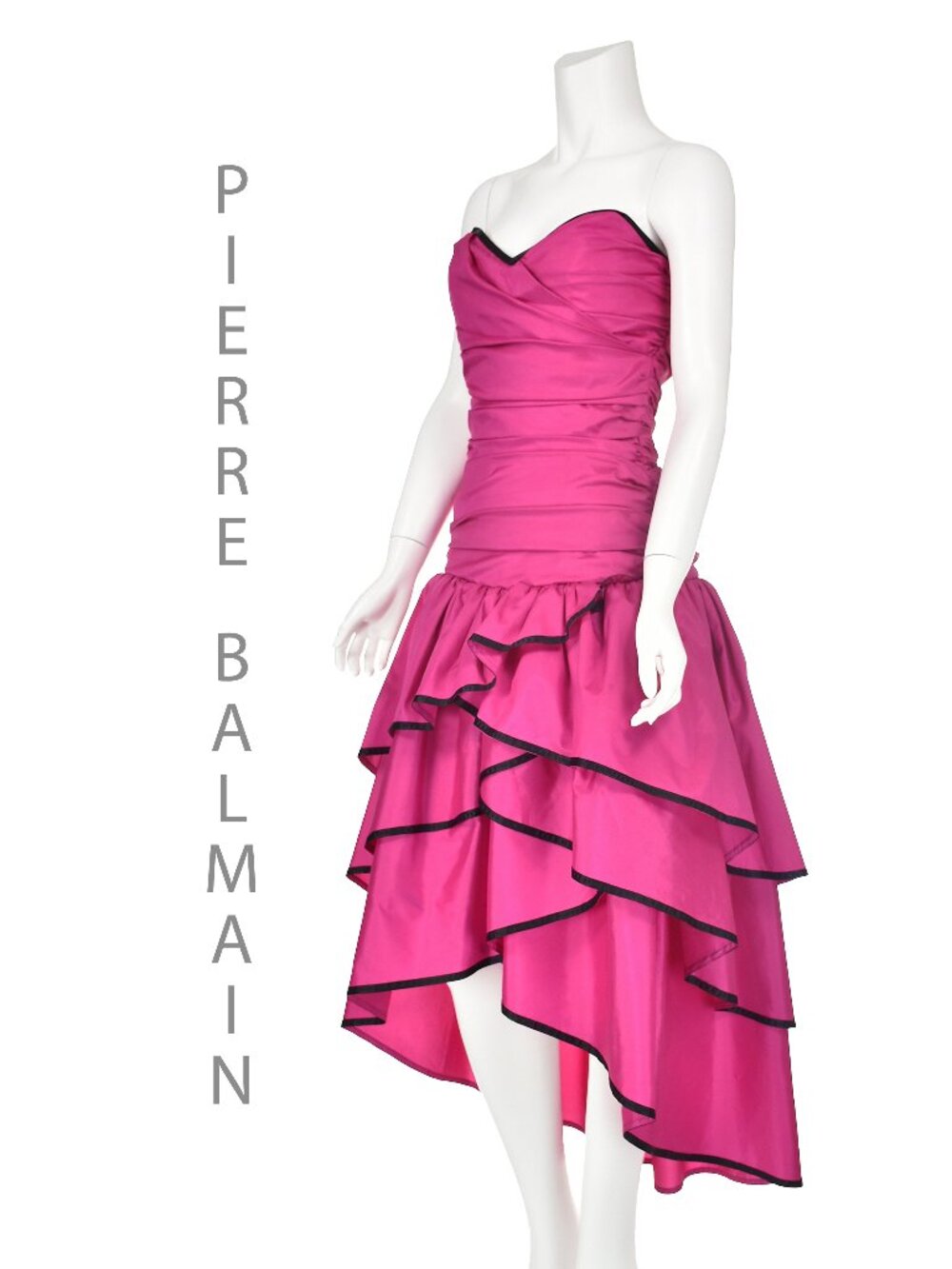 PIERRE BALMAIN c.1980s Hot Pink Taffeta Flamenco Style Strapless Party Dress XS